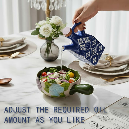 Ceramic Olive Oil Dispenser Bottle, 8.5 oz Decanter for Kitchen with Handle & Wooden Stopper, Green Decorative Oil and Vinegar Dispenser Set, Cooking Oil Container Cruet for Olive, Avocado, Vinegar