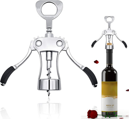 Professional Wing Corkscrew - Zinc Alloy Wine Opener with Non-Slip Silicone Handle - Multifunctional 2 in 1 for Red Wine and Beer Bottles - Ideal for Home Bars, 19 x 6 x 5.5 CM, Natural