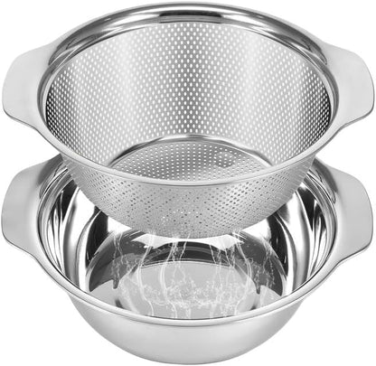 Stainless Steel Microporous Colander for Kitchen, 2.5QT Large Capacity, Colander and Bowl Set of Two, Stainless Steel Drain Basket with Mixing Bowl, for Washing Fruits and Vegetables