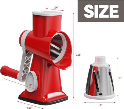 Cheese Grater Cheese Shredder with 3 Interchangeable Blades, Rotary Cheese Grater Manual Vegetable Slicer with Non-slip Suction Base Peanut Nuts Grinder Vegetable Shredder Clear