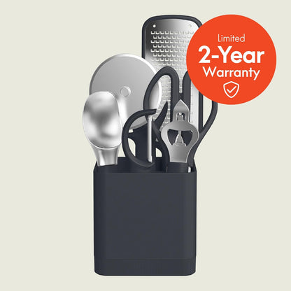 bella 6-Piece Modular Tool Set, Silicone, Turner, Spoon, Slotted Spoon, Spatula, Tongs, Crock with removable divider, Non-toxic*, Food-grade, Heat safe to 425°F, Dishwasher Safe, Slate