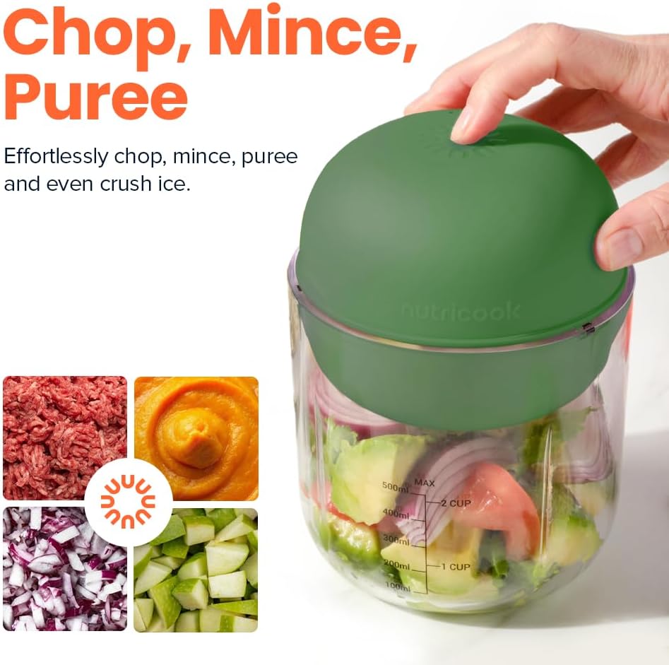 Nutricook Choppi Cordless Electric Vegetable Chopper & Mini Food Processor for Dicing, Shredding, Mincing, and Puree, Portable and Rechargeable, 2-Cup, 500 mL, 4000 mAh Battery, Sage Green