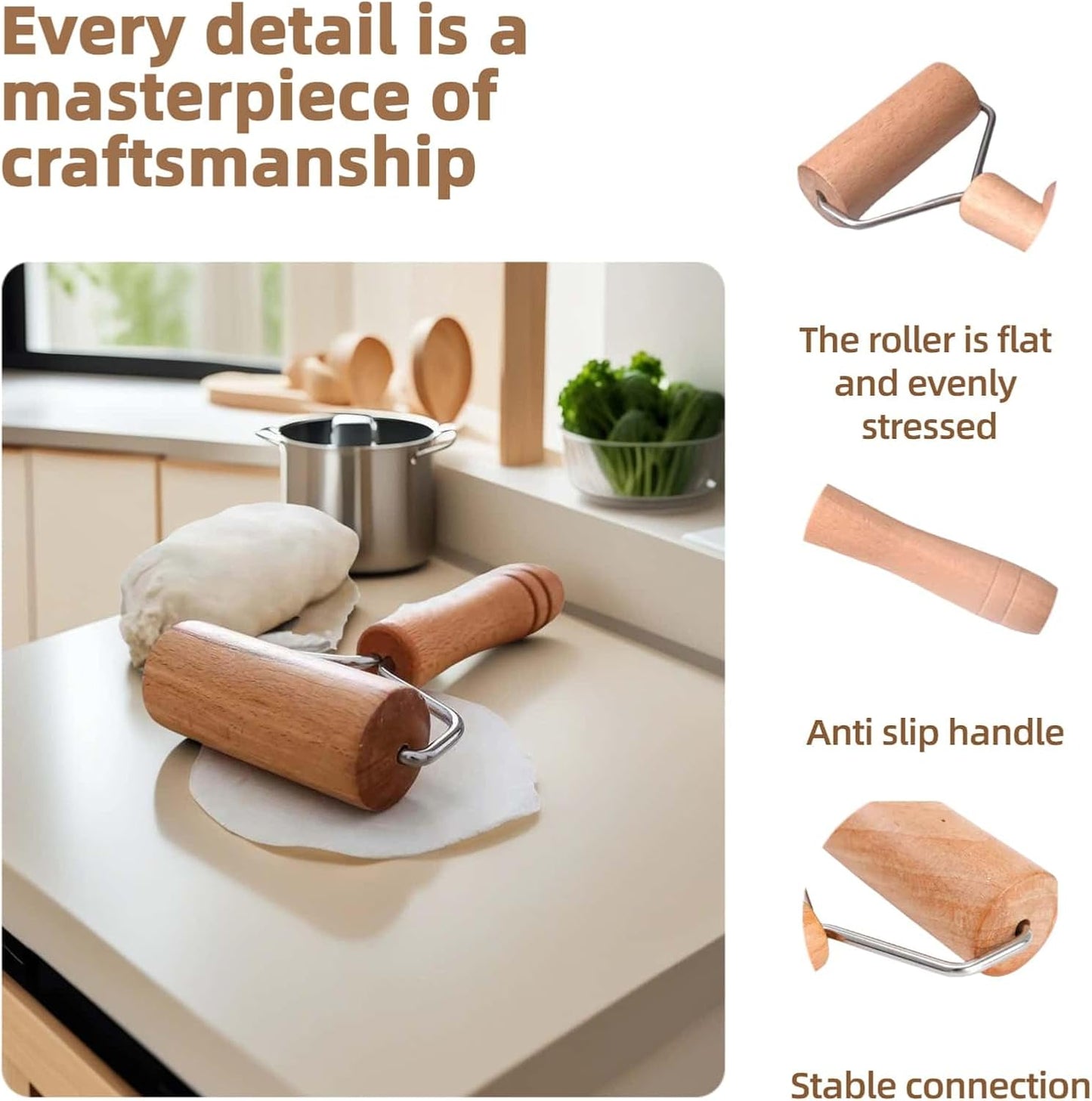 Stainless Steel & Beechwood Rolling Pin with Adjustable Thickness - Ergonomic Dumpling/Pasta Maker、Pizza, Kitchen Tool for Home Chefs, Dishwasher Safe & Rustproof Design (T)