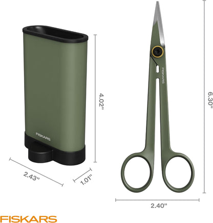 Fiskars Plant Shaping Shears & Holder, Precision Indoor Gardening Snips with Storage Caddy, Forged Stainless Steel Blades for Clean Cuts on Broad Leaves, Ambidextrous Handles & Stem Stripper, 6"