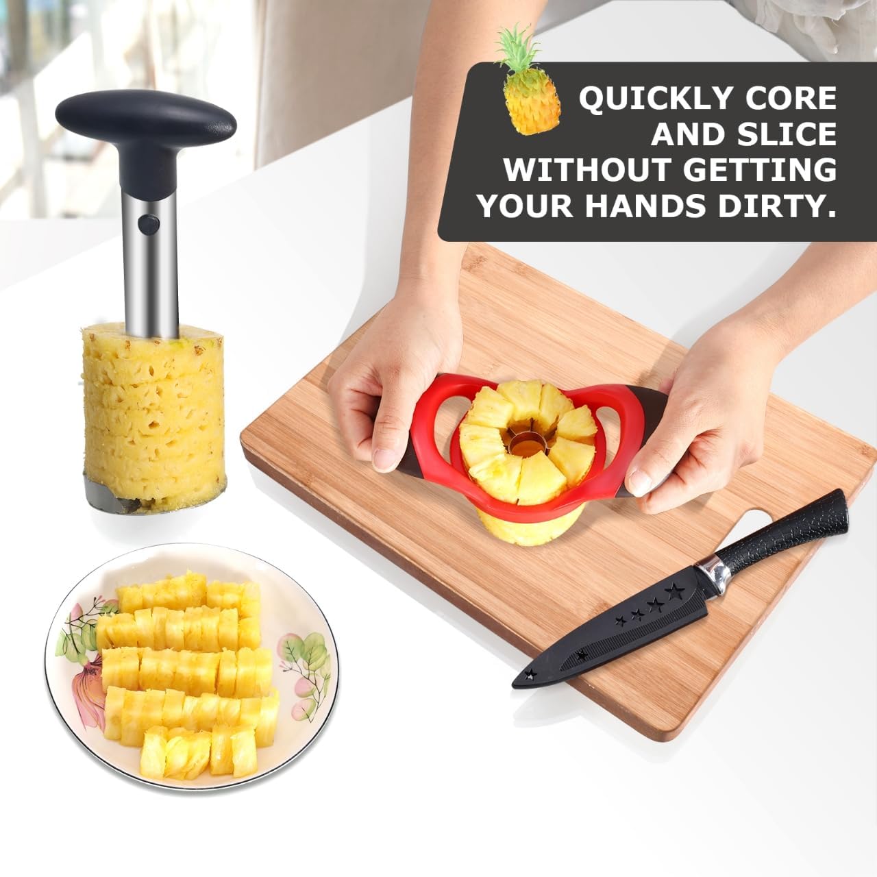 Pineapple Corer and Slicer, Stainless Steel Pineapple Cutter and Corer, Upgraded Pineapple Peeler and Apple Corer Tool with Pineapple Core Remover for Corer Tool Kitchen (Black)