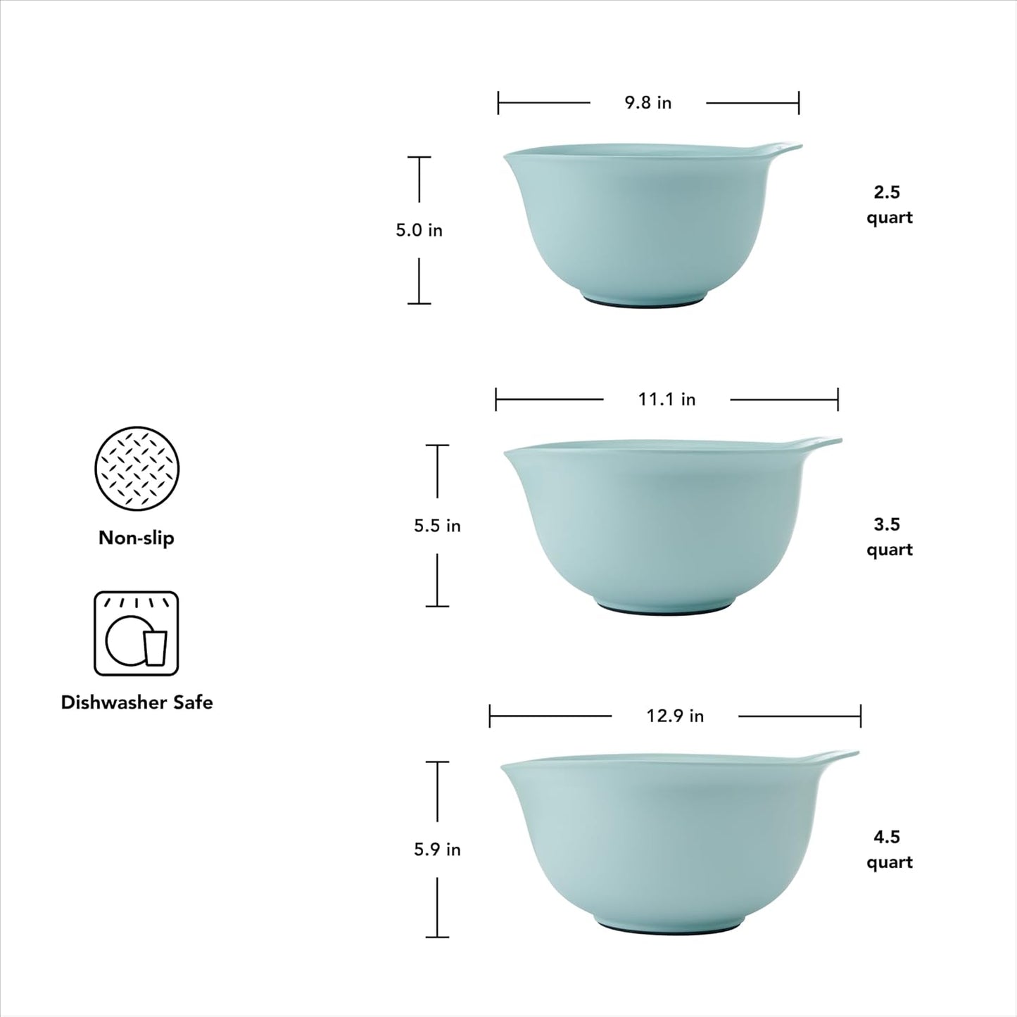 KitchenAid Universal Nesting Plastic Mixing Bowls, Set Of 3, 2.5 quart, 3.5 quart, 4.5 quart, Non Slip Base with Easy Pour Spout to Reduce Mess, Dishwasher Safe, Aqua Sky, White, Gray
