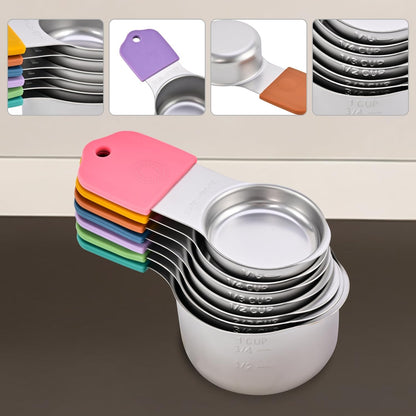 16-Piece Magnetic Measuring Cups and Spoons Set, Stainless Steel with Non-Slip Silicone Handles and Leveler, Essential Kitchen Baking Tools (Multicolor)