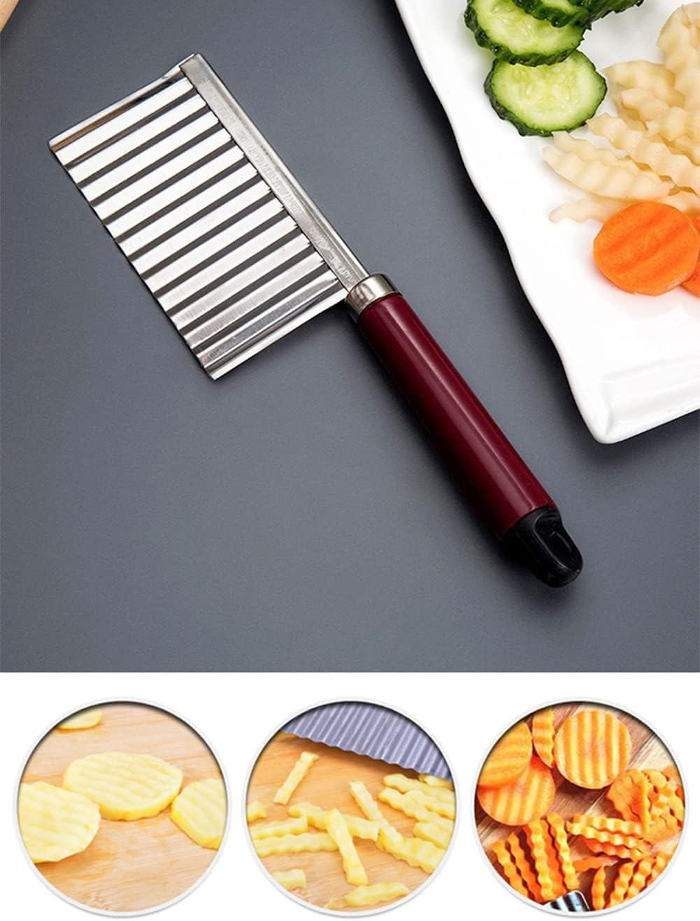 Crinkle Cutter Knife Stainless Steel Cutting Tool for Potato Carrot Chip Vegetable French Fry, Wavy Chopper Wave Slicer Steel Blade, Kids Lunch Accessories (Longer Red Handle)