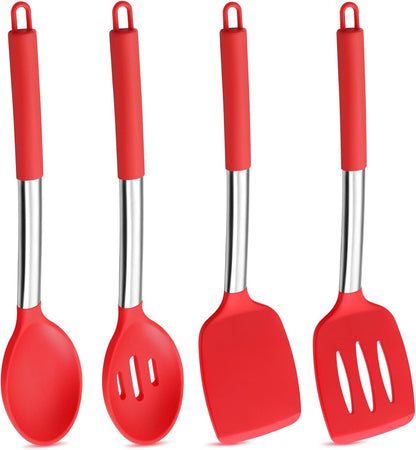 P&P CHEF Black Kitchen Cooking Utensil Set of 4, Silicone Solid Spatulas Slotted Spoons Turners for Non-stick Cookware Flipping Mixing, Heat-proof