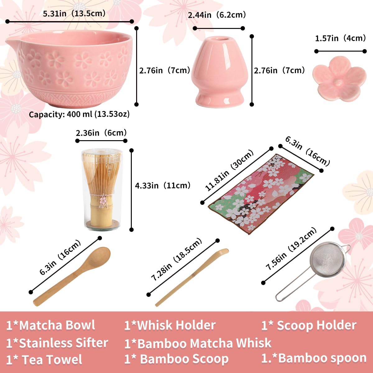 8-Piece Matcha Ceremony Set - Tea Kit with Cherry Blossom Bowl, Bamboo Whisk, Wood Scoops, Tea Cloth & Floral Display - Gift-Ready Pink Cherry color box (blue)