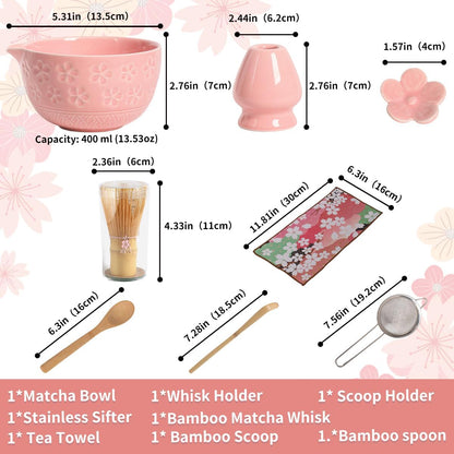 8-Piece Matcha Ceremony Set - Tea Kit with Cherry Blossom Bowl, Bamboo Whisk, Wood Scoops, Tea Cloth & Floral Display - Gift-Ready Pink Cherry color box (blue)
