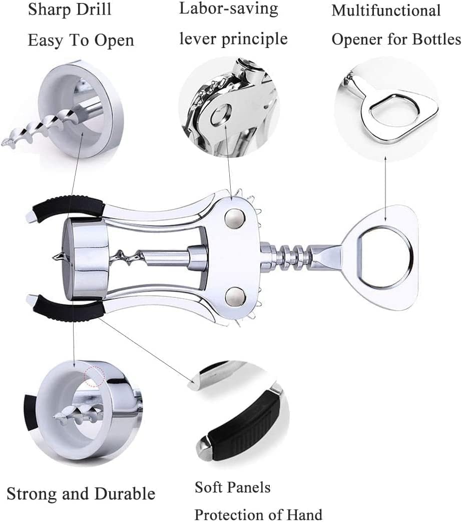 Professional Wing Corkscrew - Zinc Alloy Wine Opener with Non-Slip Silicone Handle - Multifunctional 2 in 1 for Red Wine and Beer Bottles - Ideal for Home Bars, 19 x 6 x 5.5 CM, Natural