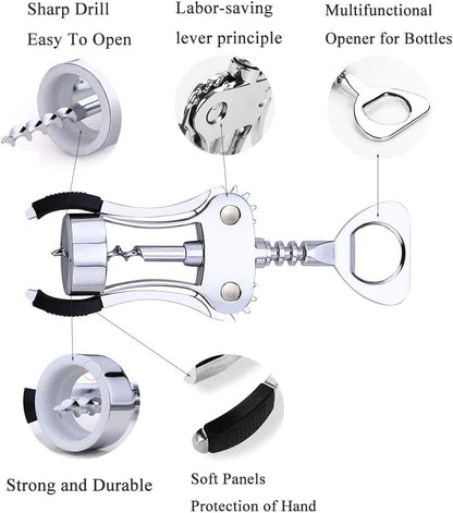 Professional Wing Corkscrew - Zinc Alloy Wine Opener with Non-Slip Silicone Handle - Multifunctional 2 in 1 for Red Wine and Beer Bottles - Ideal for Home Bars, 19 x 6 x 5.5 CM, Natural