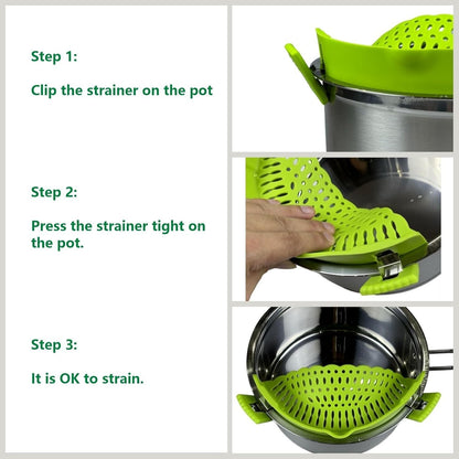Clip On Strainer Silicone for All Pots and Pans, Pasta Strainer Clip on Food Strainer for Meat Vegetables Fruit Silicone Kitchen Colander (Grey)
