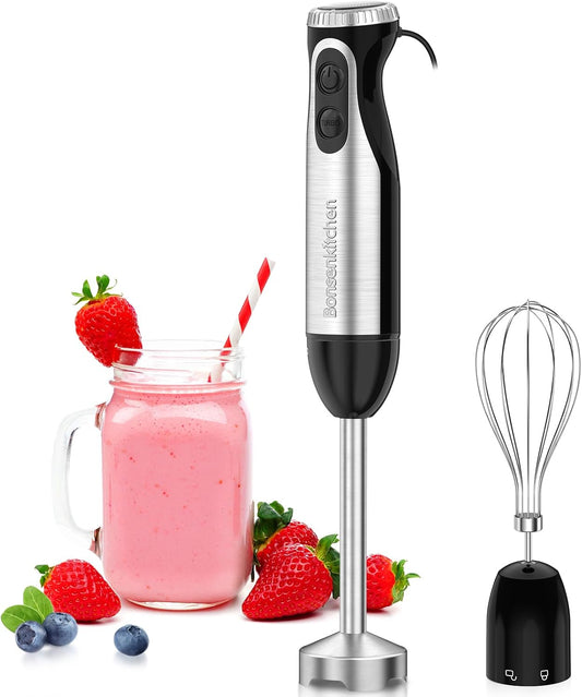 Bonsenkitchen Immersion Blender Handheld with Food Processor, 20 Speeds Hand Blender with Turbo Mode, Stainless Steel Blade, Egg Whisk, Beaker & Chopper Bowl, Hand Mixer for Smoothie, Soup, Baby Food