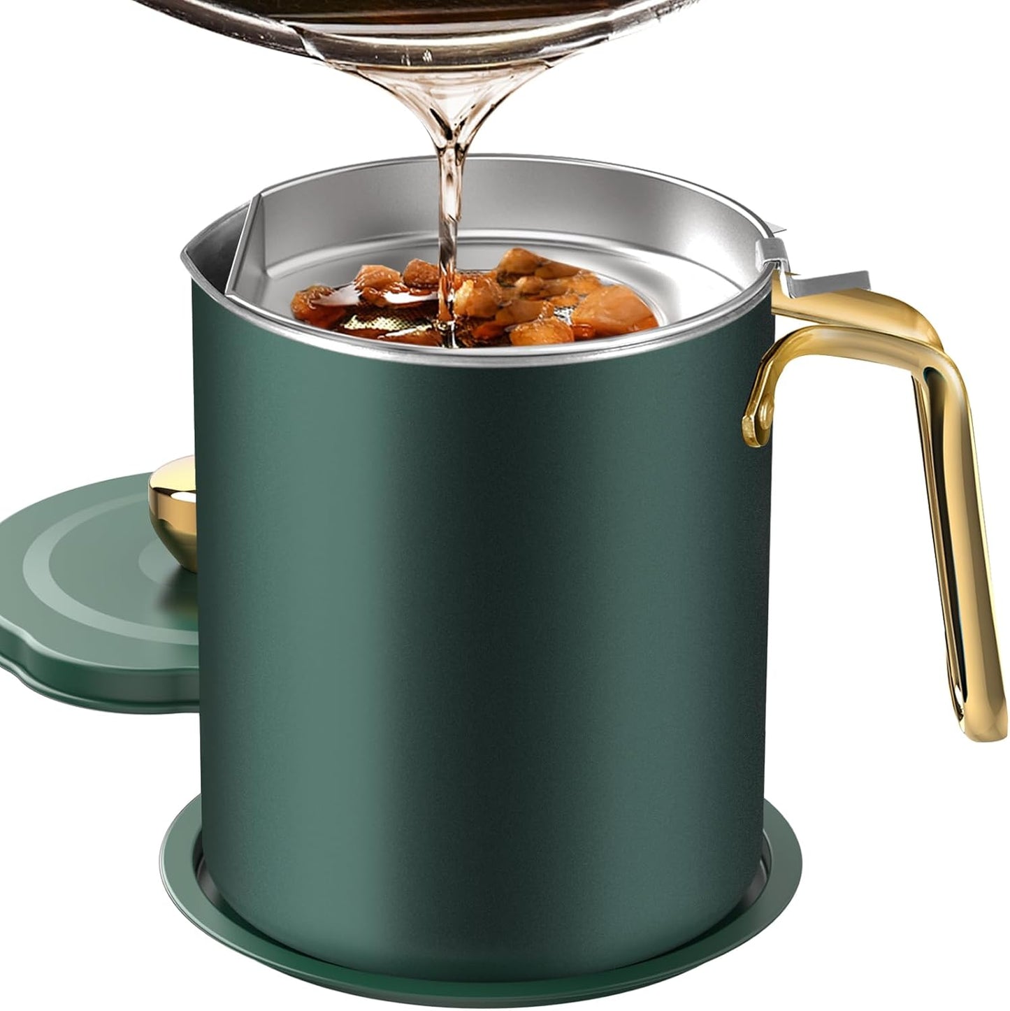 Chihee Grease Container Stainless Steel Bacon Grease Saver with Fine Mesh Strainer 2L / 67.6 fl oz Cooking Oil Keeper Stoarge Can with Dust-proof Lid Non-slip Tray for Kitchen Frying
