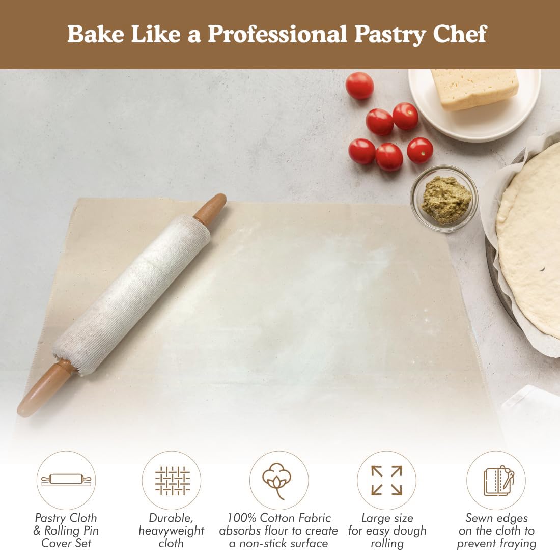 Regency Wraps Natural Pastry Cloth & Rolling Pin Cover Set, 100% Cotton Cloth & Pin Cover for Non-Stick Dough Rolling, 20x24" cloth with Sewn Edges ,15" Rolling Pin Cover
