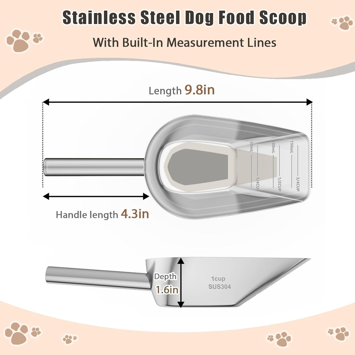 Matel pet dog cat food measuring scoop 1 cup,Food-grade 304 stainless steel material,Long handle and dishwasher-safe