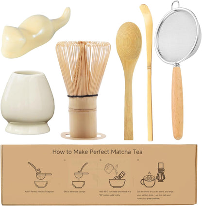 Matcha Whisk Set, 6-Piece Matcha Making Kit, Macha Tea Set, (Chasen Holder), Ceramic Whisk Holder, Matcha Starter Sifter, Bamboo Scoop, Spoon Japanese Tea Tools For Ceremony Gift (Green)