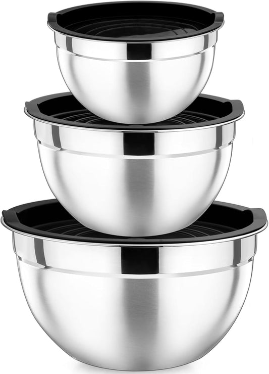 P&P CHEF Khaki Mixing Bowls with Lids, Set of 3, Stainless Steel Salad Nesting Bowl for Mixing, Storing, Prepping, Airtight & Stackable, Size 4.6/3 /1.5 QT