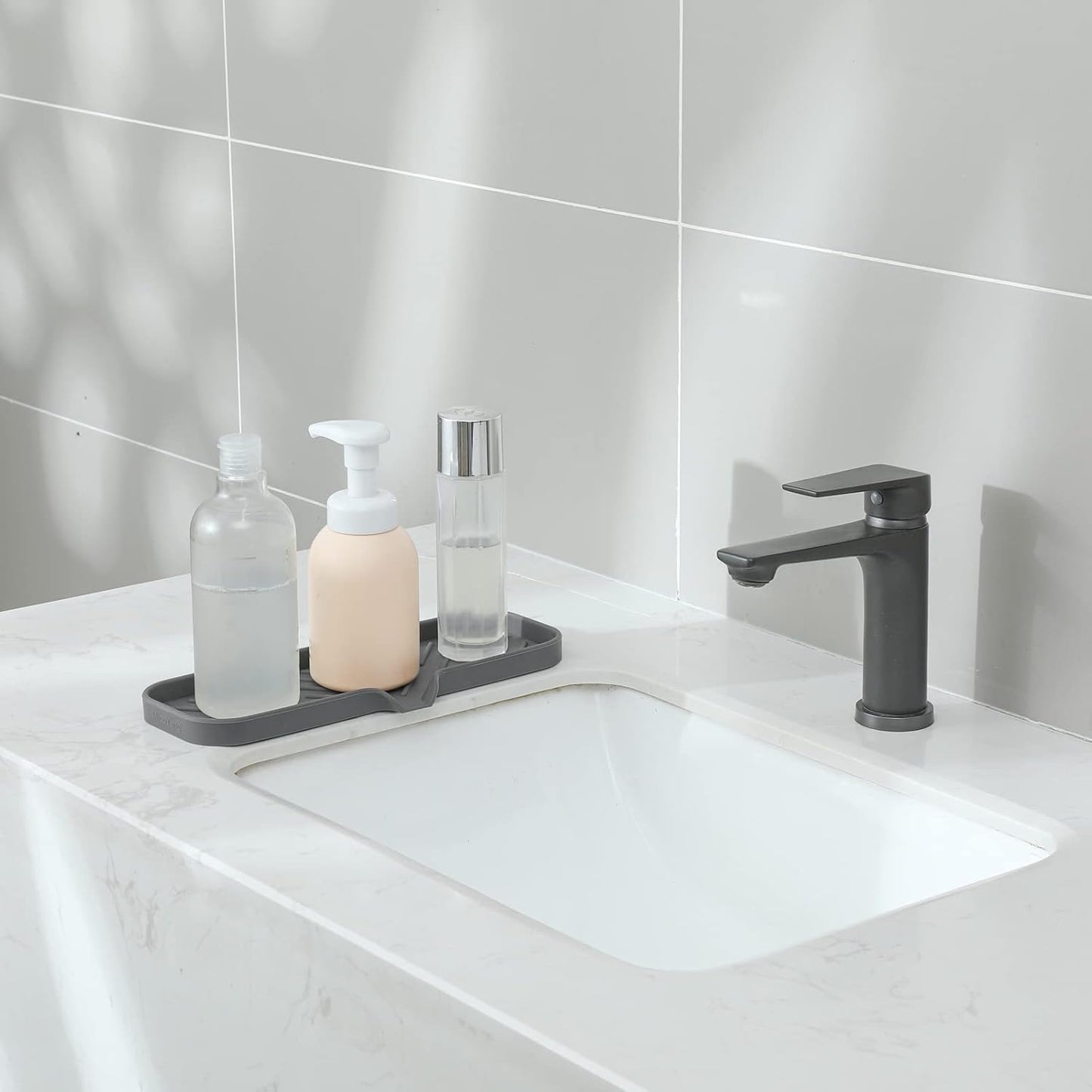 MicoYang Silicone Soap Dish with Drain Spout, Self-Draining Sink Organizer Tray for Bathroom and Kitchen, Sponges, Dispensers and Soap Holder, Non-Slip and Dishwasher Safe, Black (Compact, 4.9"×3.2")