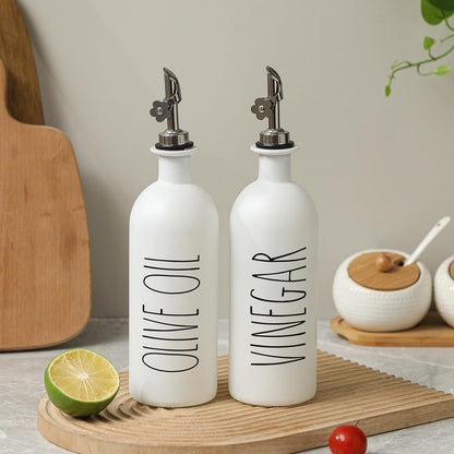 HOMCDALY Premium Olive Oil Dispenser for Kitchen, 11.8oz Glass Oil Bottles with Bamboo Tray, White and Gold Oil&Vinegar Cruet Set, Kitchen Dispenser Bottles with Pourer| Set of 2 (11.8oz –P–Gold)