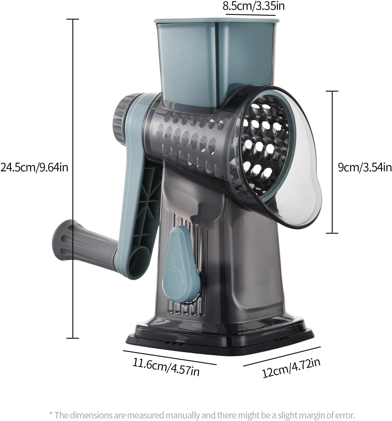 Rotary Cheese Grater 3-in-1 and Shredder with Hand Crank - for Cheese, Vegetables & Nuts, Non-Slip Suction Cup Base, Food Grade, Black