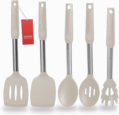 Silicone Spatula and Cooking Spoon,5 Pack Non-Stick Cooking Utensils for Kitchen，Heat Resistant Solid & Slotted Spoons and Spatulas, Stainless Steel Handle Coated with Silicone,Black