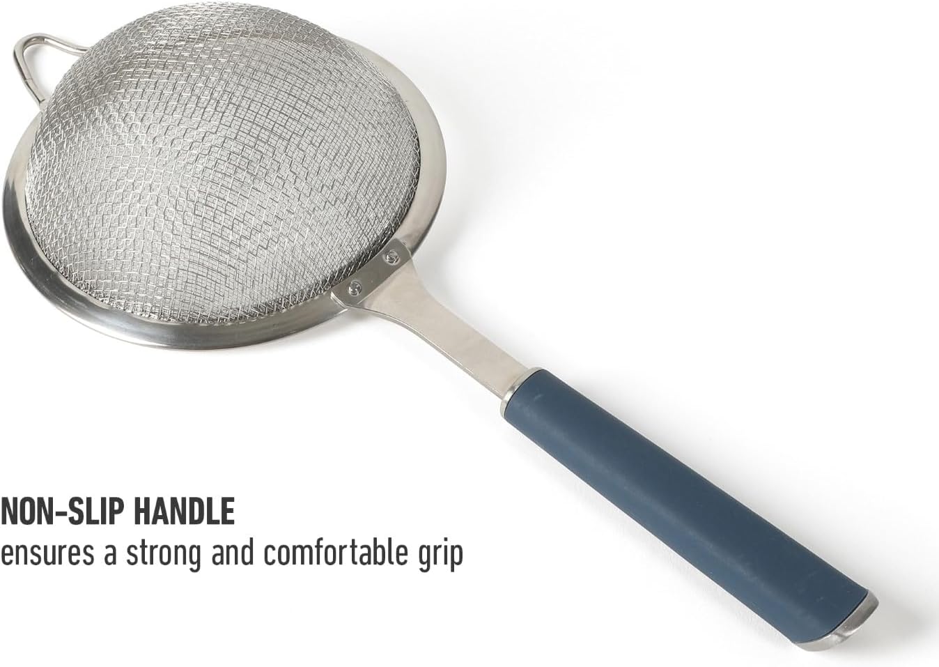 Calphalon Edge Stainless Steel Strainer, Fine Mesh Kitchen Colander Strainer with Thermoplastic Rubber Handle, Sifter for Rinsing, Draining & Straining Food, Navy