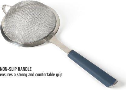 Calphalon Edge Stainless Steel Strainer, Fine Mesh Kitchen Colander Strainer with Thermoplastic Rubber Handle, Sifter for Rinsing, Draining & Straining Food, Navy