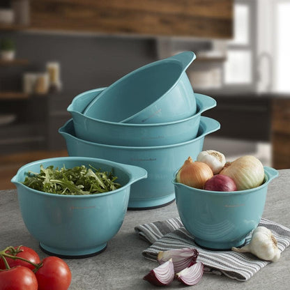 KitchenAid Universal Nesting Plastic Mixing Bowls, Set Of 3, 2.5 quart, 3.5 quart, 4.5 quart, Non Slip Base with Easy Pour Spout to Reduce Mess, Dishwasher Safe, Aqua Sky, White, Gray