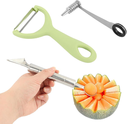 Spiral Vegetable Cutter Set, 3‑Piece Spiralizer Kit, Stainless Steel Blades Spiral Cutter, V‑Shaped Carving Tool & Peeler, for Fruit and Vegetable Decoration