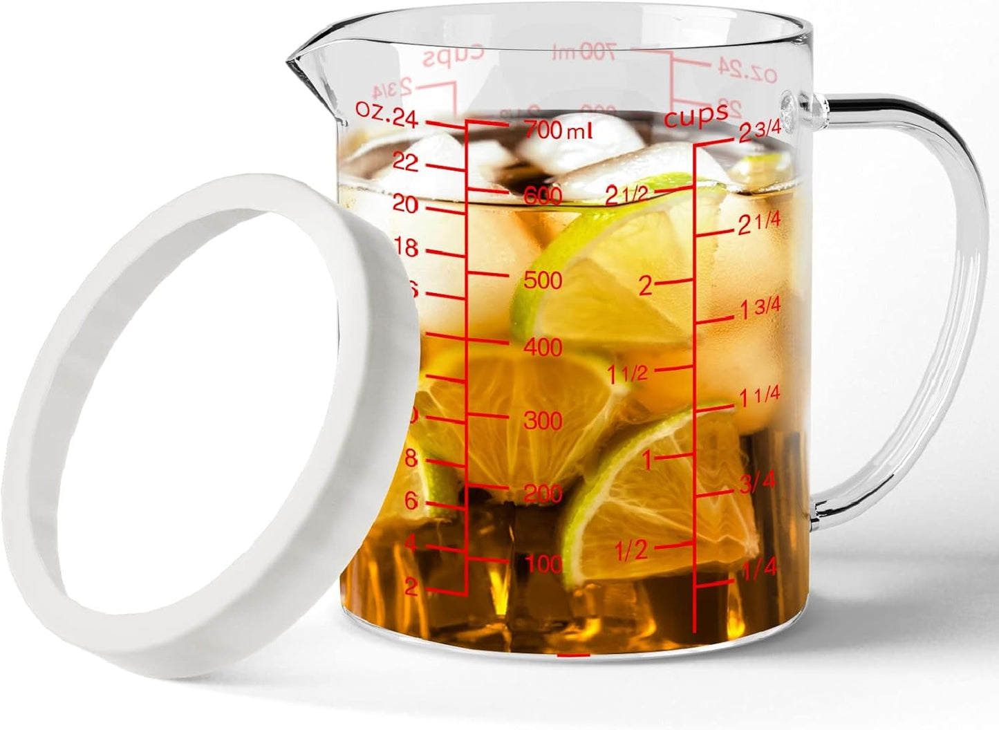 4 Cup Glass Measuring Cup with Handle, 77L High Borosilicate Glass Measuring Cup with V-Shaped and Three Scales (Cup, OZ, ML), Glass Liquid Beaker with Silicone Base, Double-Sided Measure Scales