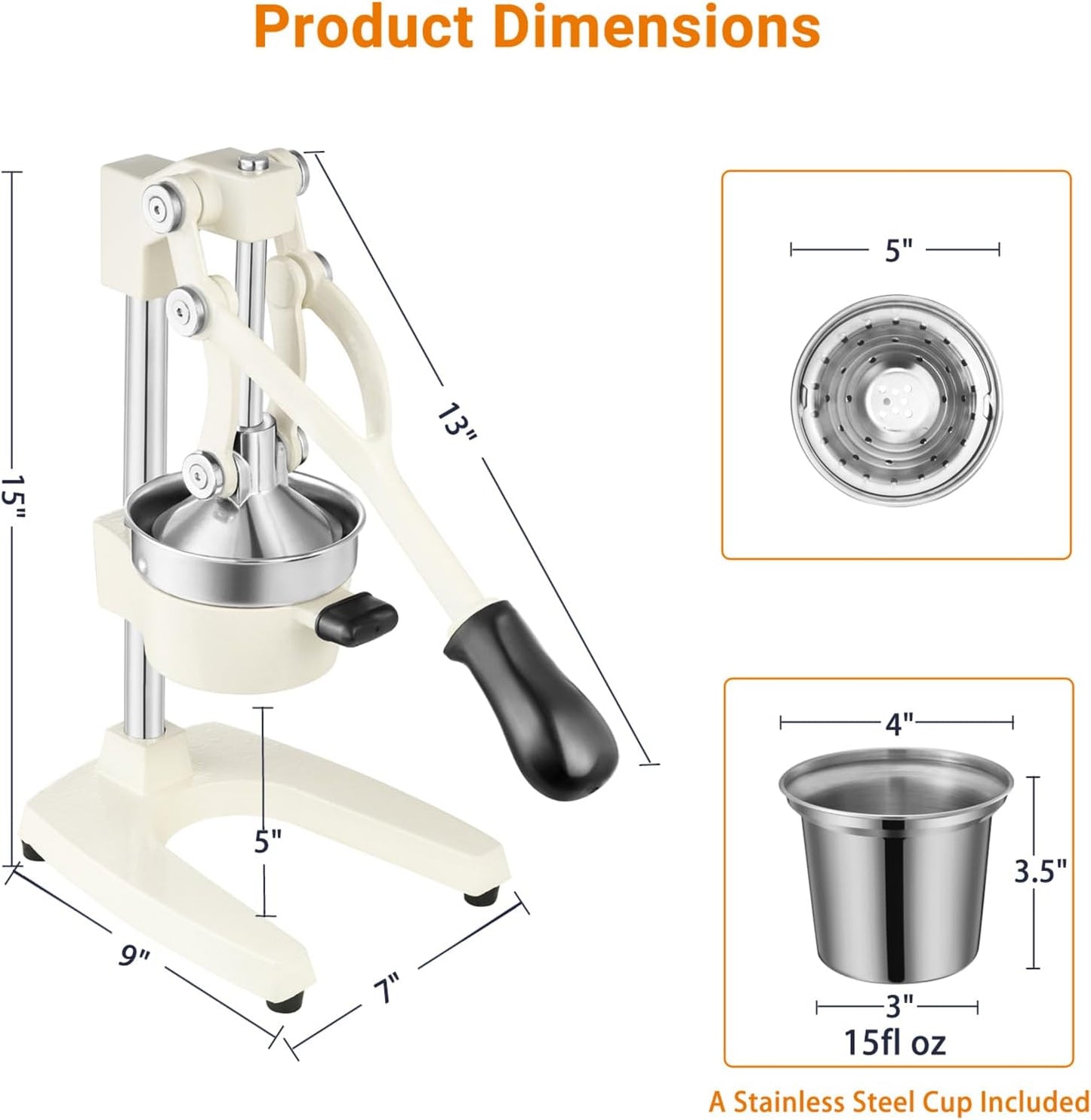 TONGCHANT Manual Juicer, Heavy Duty Cast Iron Juicer | Hand Press Juicer for Orange Lemon Lime Pomegranate & Citrus Fruits, High Leverage for Easy Juicing, Stainless Steel Cup, Easy to Clean, Black
