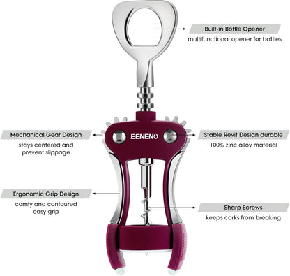 Beneno Wine Opener, Zinc Alloy Premium Wing Corkscrew with Multifunctional Bottles Opener, Sharp Wine Corkscrew with Ergonomic Non-Slip Wing Handle, Silver