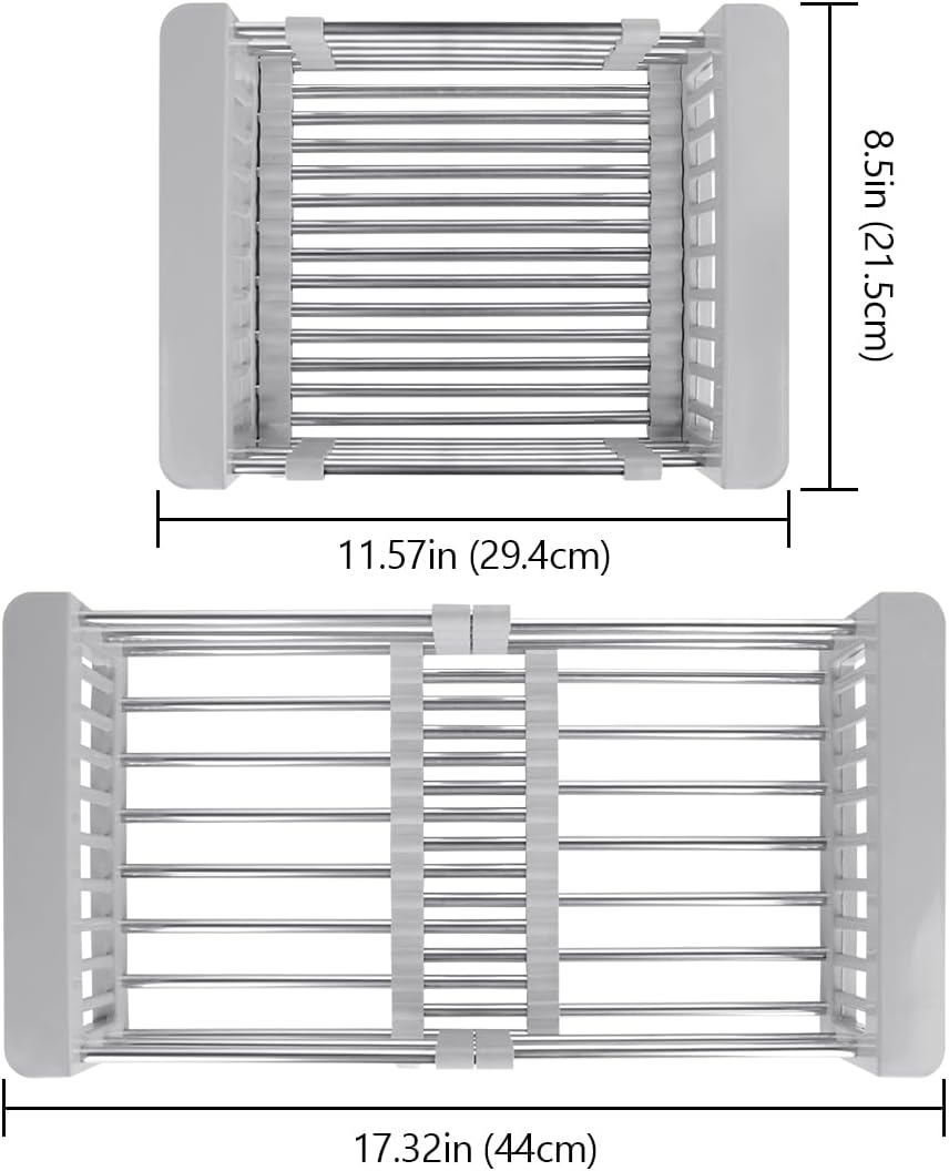 LUEXBOX Expandable Dish Drying Rack Over The Sink, Stainless Steel Drainer Basket with Adjustable Arms for Vegetable and Fruit (Grey)