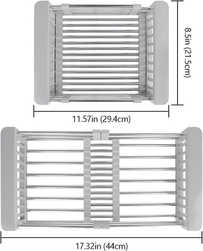 LUEXBOX Expandable Dish Drying Rack Over The Sink, Stainless Steel Drainer Basket with Adjustable Arms for Vegetable and Fruit (Grey)