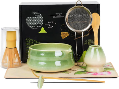 Matcha Whisk Set - 8Pcs Matcha Set includes Bowl, Whisk and Holder, Bamboo Scoop, Scoop Rest, Spoon, Sifter and Tea Towel, for Matcha Lovers, Gift- Green