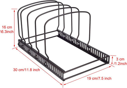 Toplife Pot Lids Organizer Rack for Cabinet and Countertop, 7+ Pan Lids and Bakeware Organizer Rack Holder with 7 Adjustable Compartments - Brown