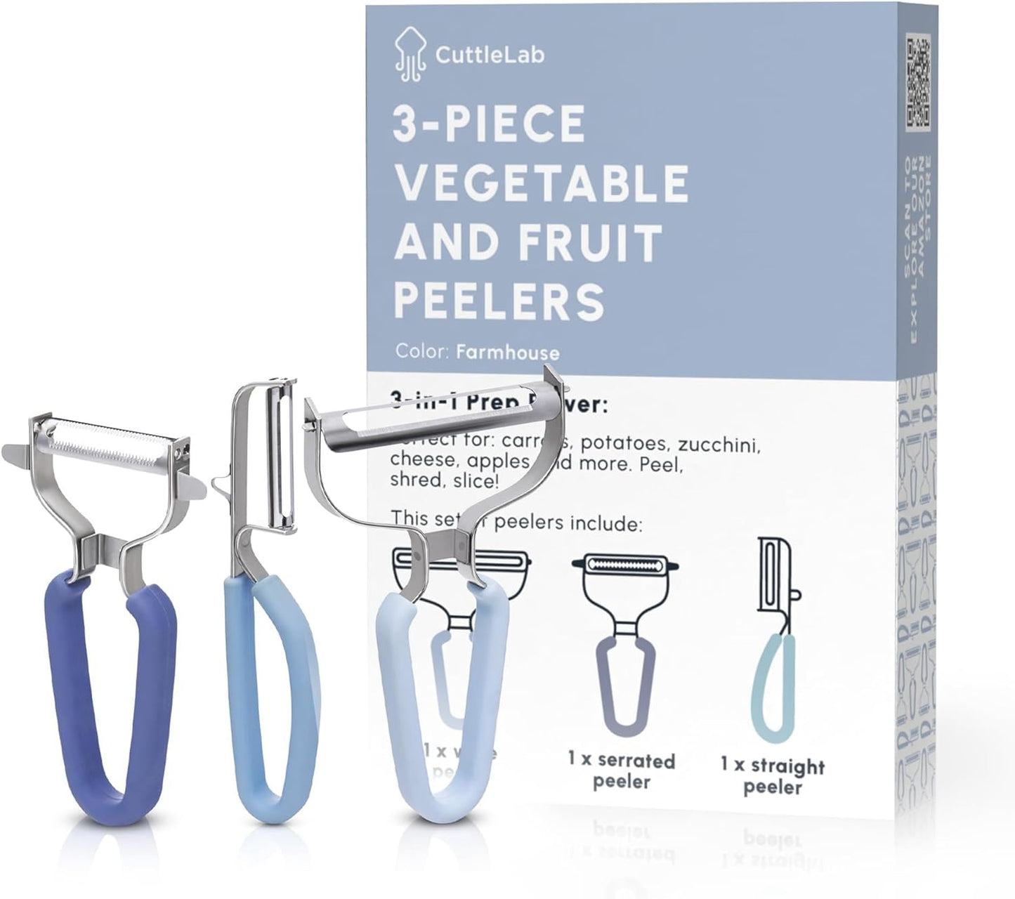 CuttleLab Vegetable Peeler Set – Serrated, Straight & Wide Blades- great apple peeler & potato peelers, Carrots, Zucchini, Cucumbers – Soft Grip Handle- Eye Remover – Dishwasher Safe (3, Country Chic)