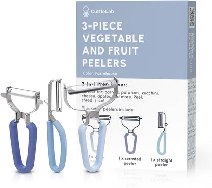 CuttleLab Vegetable Peeler Set – Serrated, Straight & Wide Blades- great apple peeler & potato peelers, Carrots, Zucchini, Cucumbers – Soft Grip Handle- Eye Remover – Dishwasher Safe (3, Country Chic)