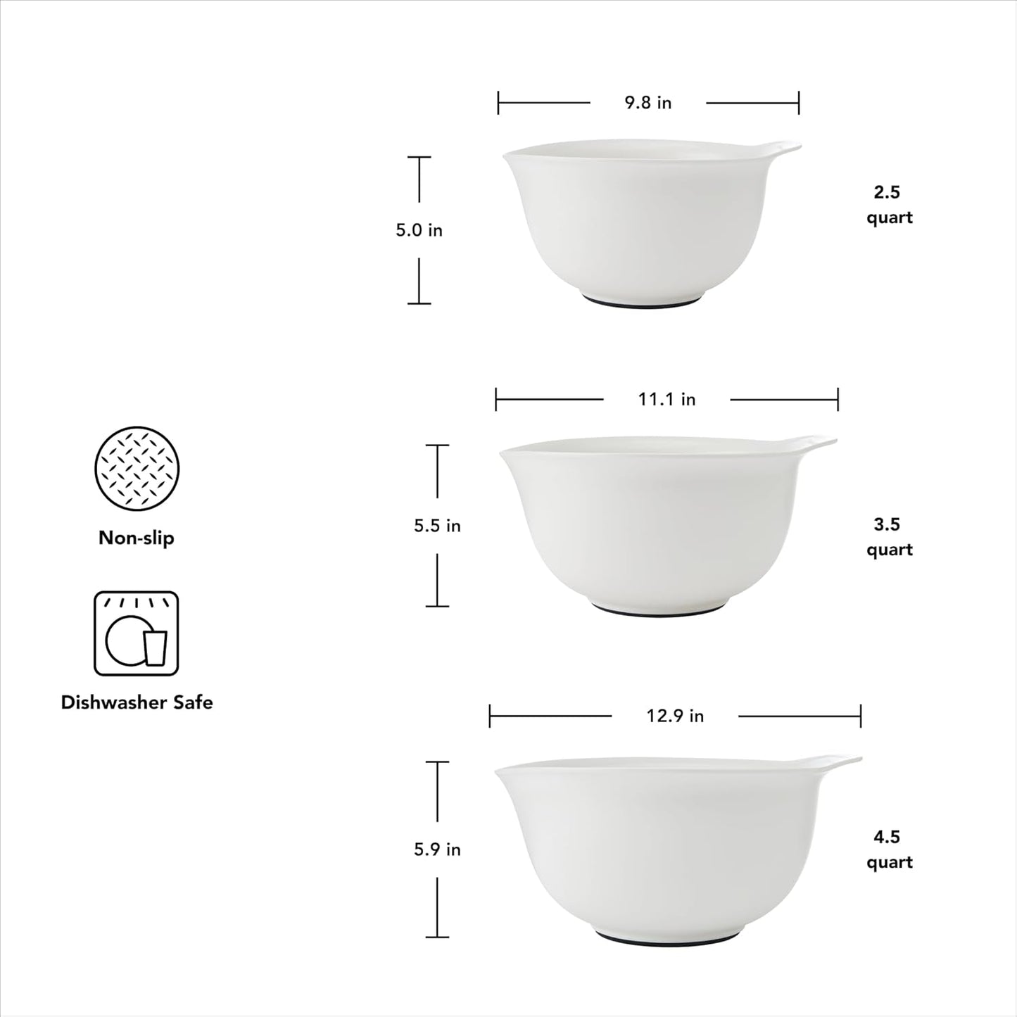 KitchenAid Universal Nesting Plastic Mixing Bowls, Set Of 3, 2.5 quart, 3.5 quart, 4.5 quart, Non Slip Base with Easy Pour Spout to Reduce Mess, Dishwasher Safe, Aqua Sky, White, Gray