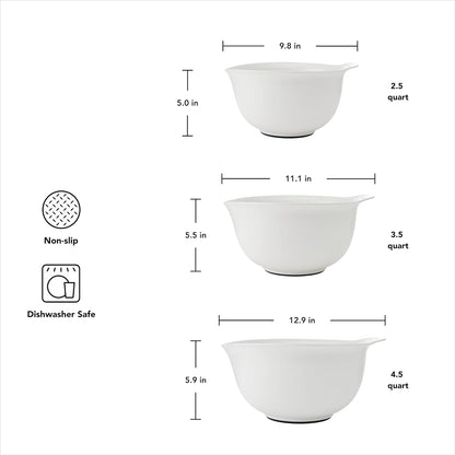 KitchenAid Universal Nesting Plastic Mixing Bowls, Set Of 3, 2.5 quart, 3.5 quart, 4.5 quart, Non Slip Base with Easy Pour Spout to Reduce Mess, Dishwasher Safe, Aqua Sky, White, Gray
