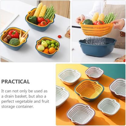Kitchen Draining Basket Set 6Pcs Double-Layer Fruit Washing Basin and Vegetable Holder Stackable Colanders over Sink Drainer 10.23X9.44X3.93In