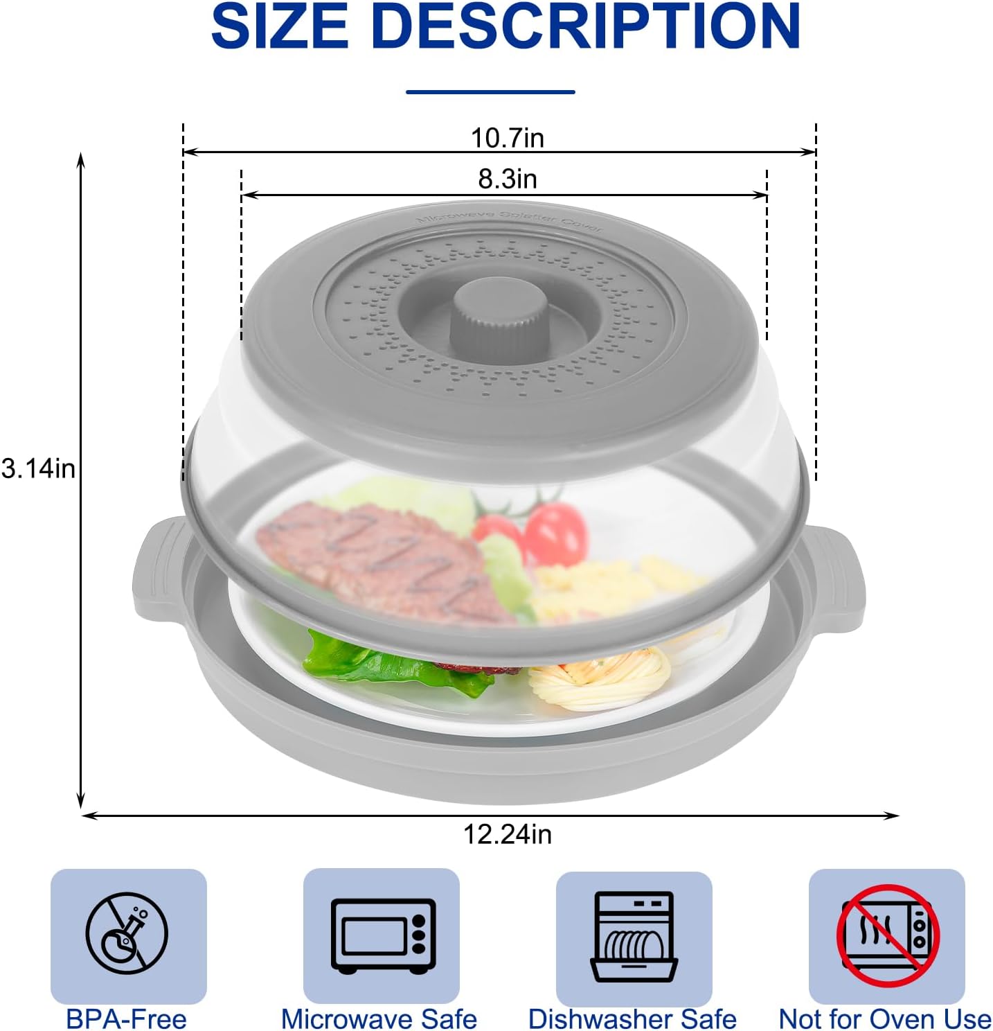 10.7 Inch Microwave Food Cover with Heat Insulation Mat, Anti-Scald Collapsible Microwave Splatter Cover, Multi-Functional as Colander & Fruit Plate, Dishwasher Safe, Ideal for Meal Prep (Gray)