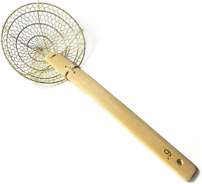 Sunrise Kitchen Supply 6" Round Brass Spider Strainer with Bamboo Handle