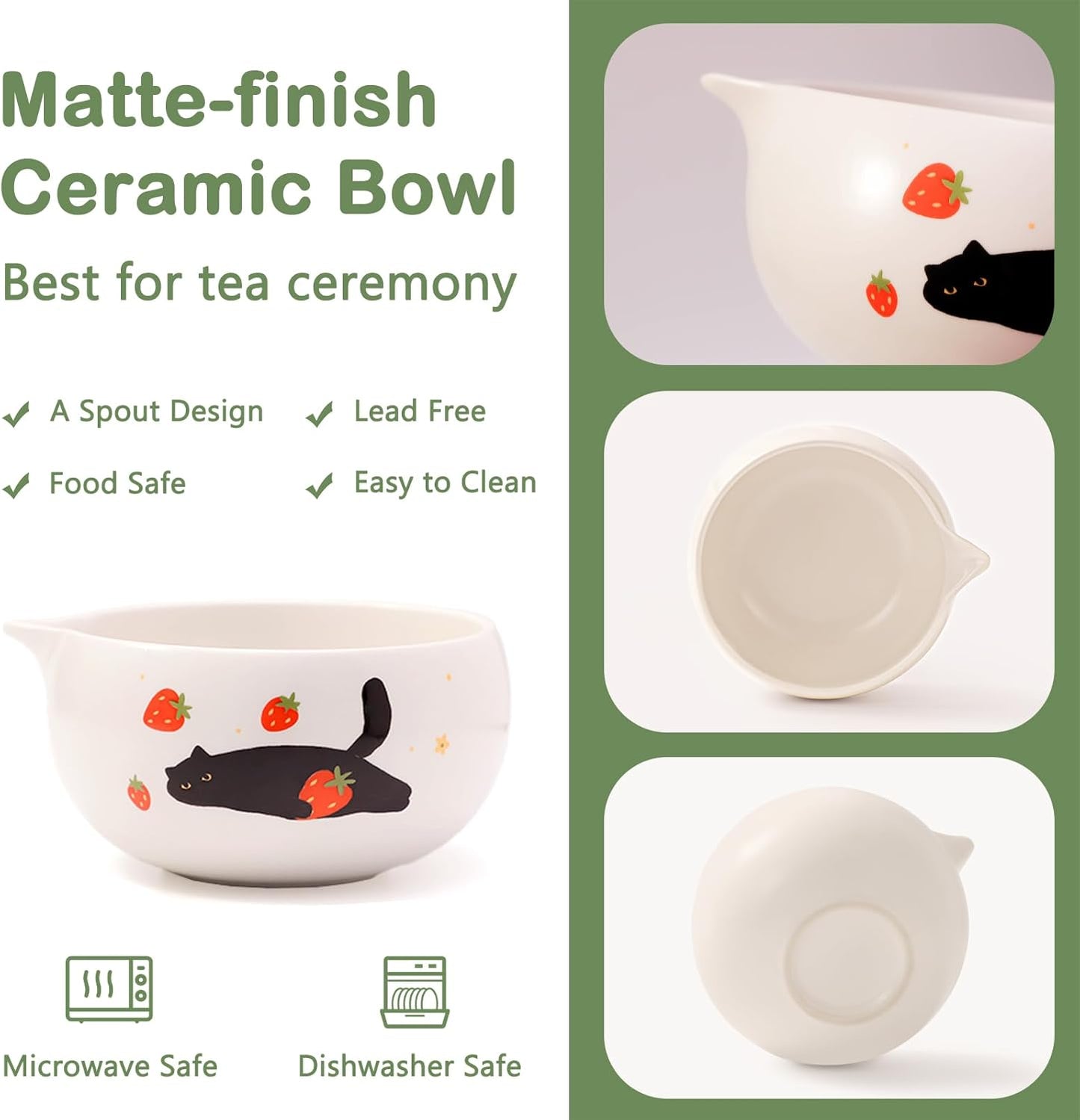 Matcha Whisk Set, 5 Pcs Traditional Japanese Matcha Whisk Preparation Kit, White Glossy Ceramic Bowl with Black Cat and Strawberry Pattern