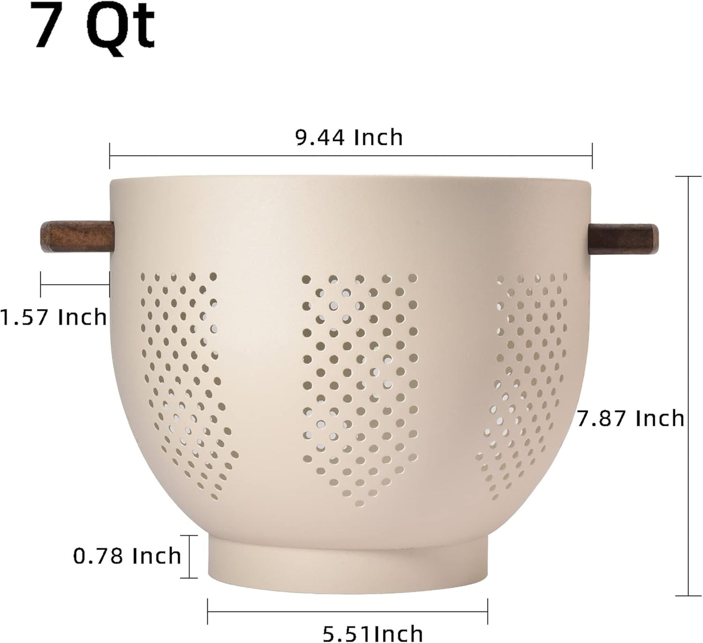 Metal Colander with Wood Handle and Stable Base, 5.5 Quart Powder Coated Steel Kitchen Strainer Basket for Draining Pasta, Vegetable and fruit,Cream