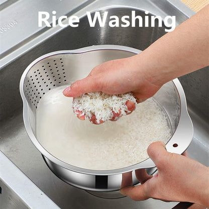 Lavvi Stainless Steel Rice Washing Bowl Versatile 3 in 1 Colander Strainer for Kitchen Vegetables Fruits Silver 9.84 in