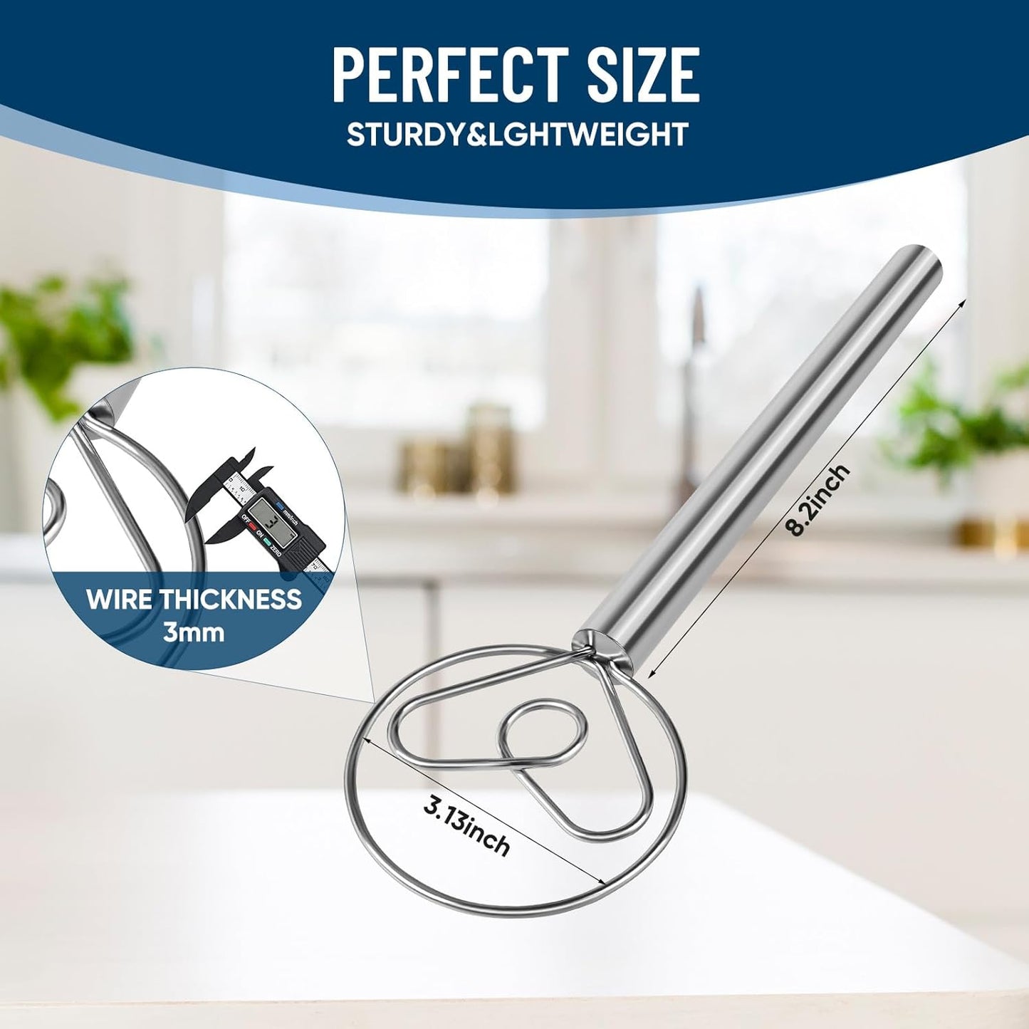 Danish Dough Whisk Stainless Steel Wooden Handle for Sourdough Bread Pizza and Pastry Making